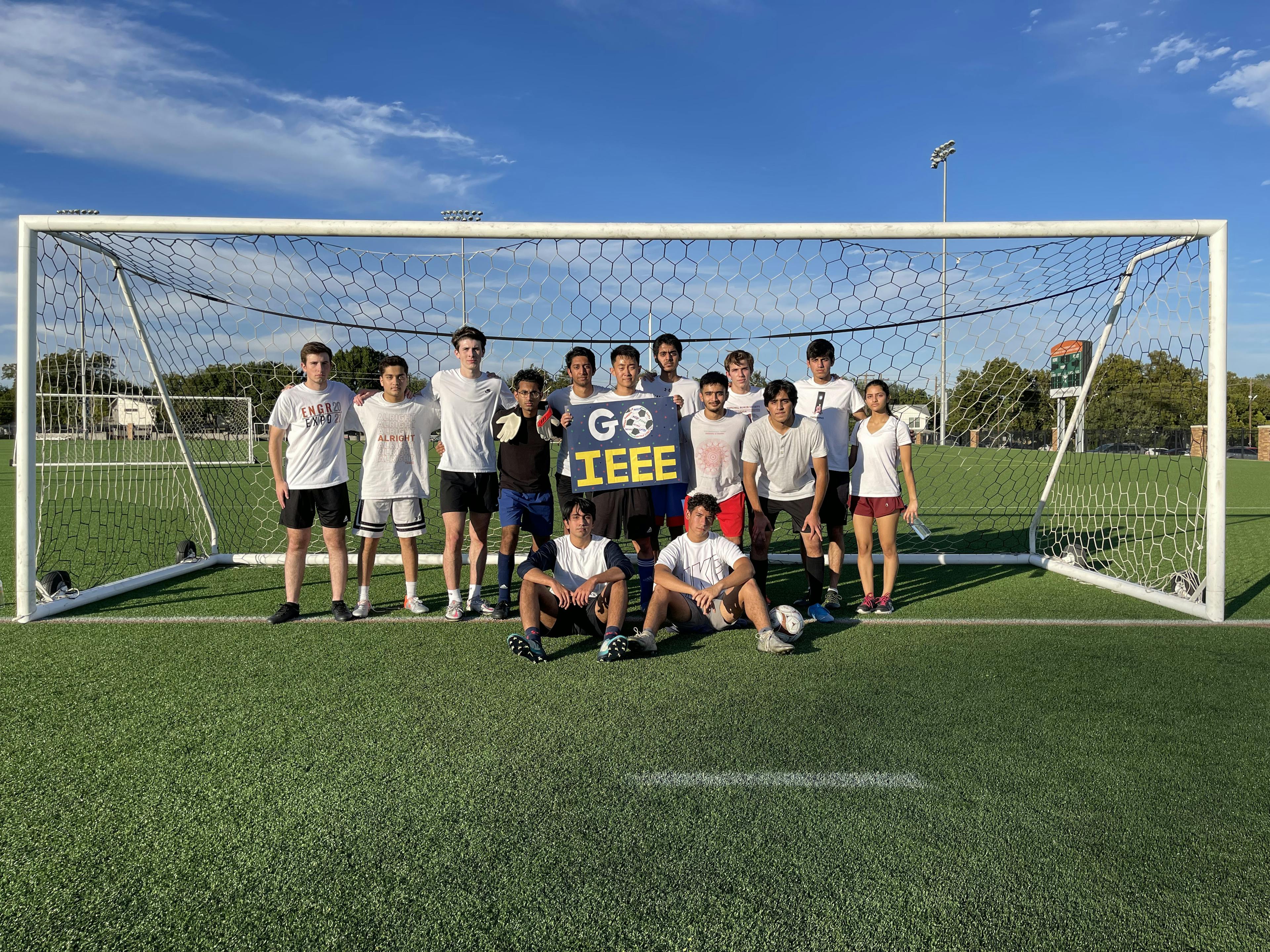 Group photo of soccer intramural team in front of soccer goal